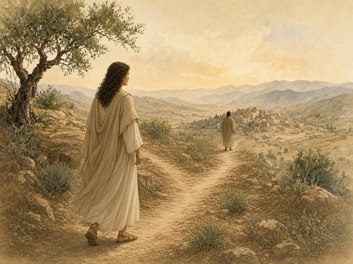 A woman chooses the open path where a man waits farther ahead.