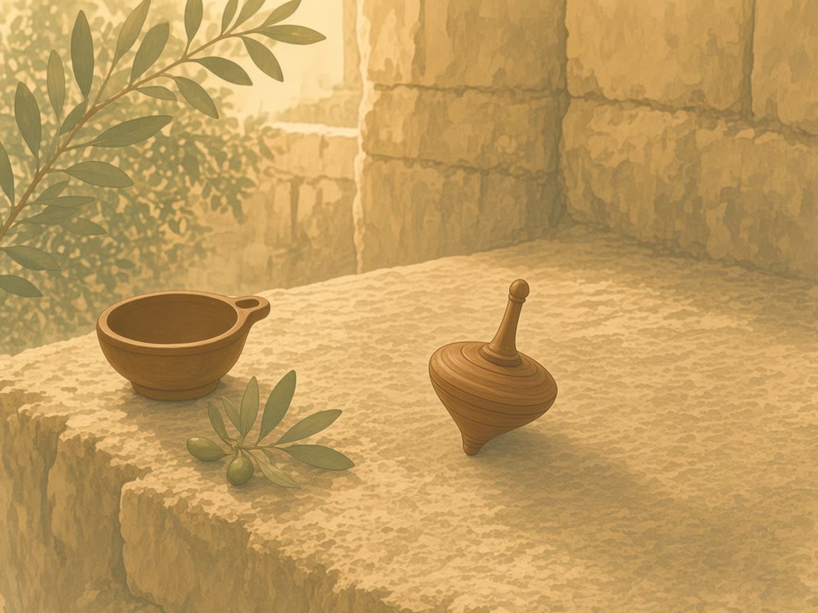 A small wooden top and an olive sprig rest on a stone ledge beside a clay cup.