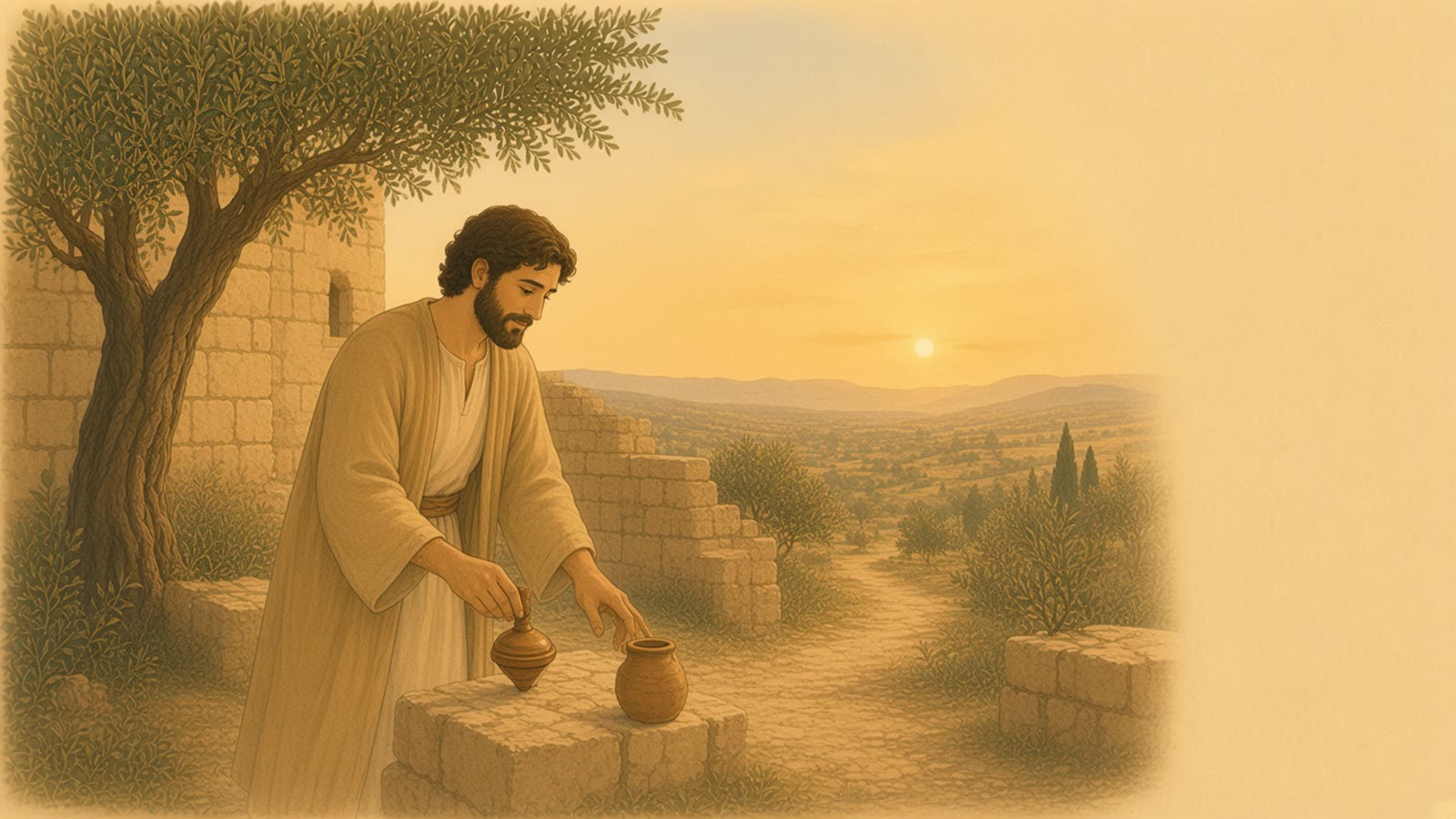 A man sets a small wooden top on a stone ledge while a boy stands beside him in a courtyard.