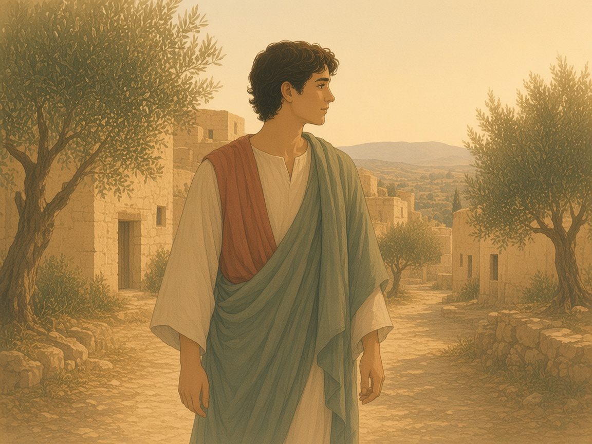 A young man walks an olive-lined path toward a village in warm morning light.