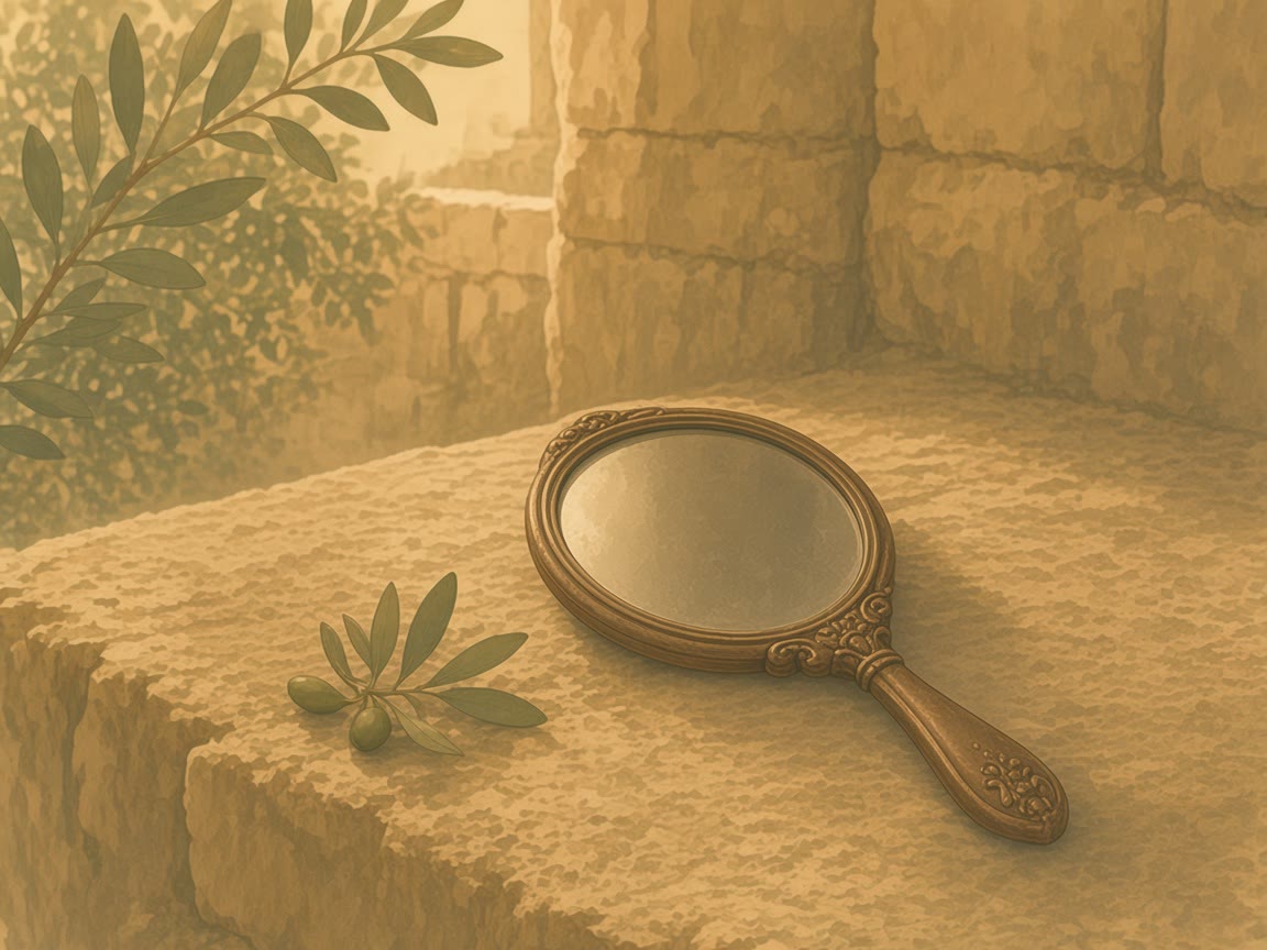 A dull bronze mirror and an olive sprig sit on a sandstone ledge.