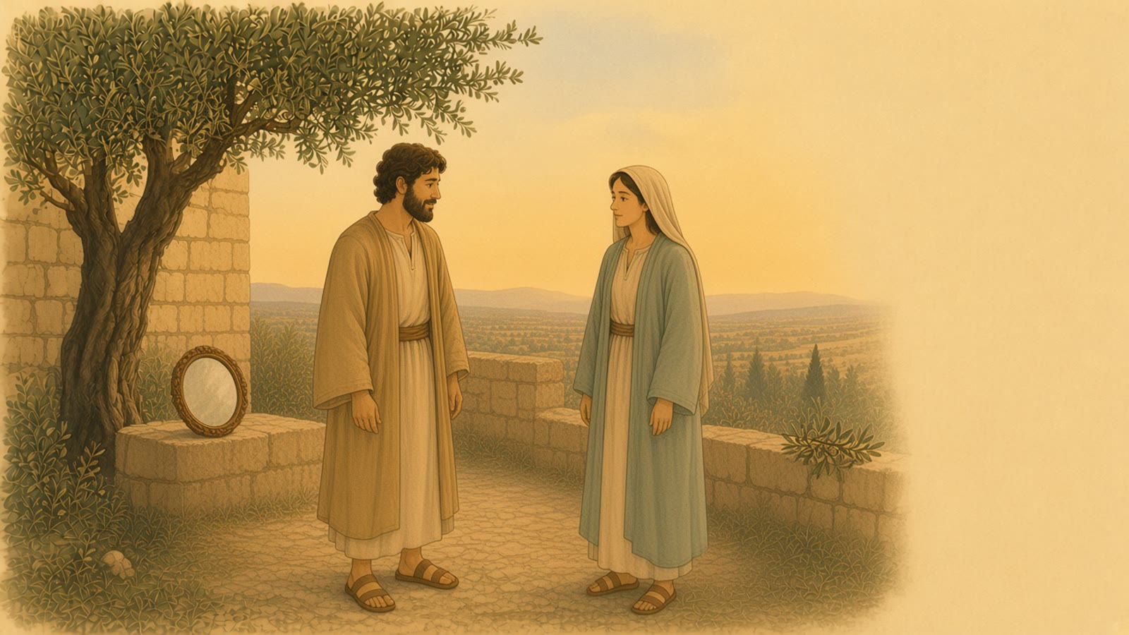Two people look at each other beside a dim bronze mirror on a stone terrace.