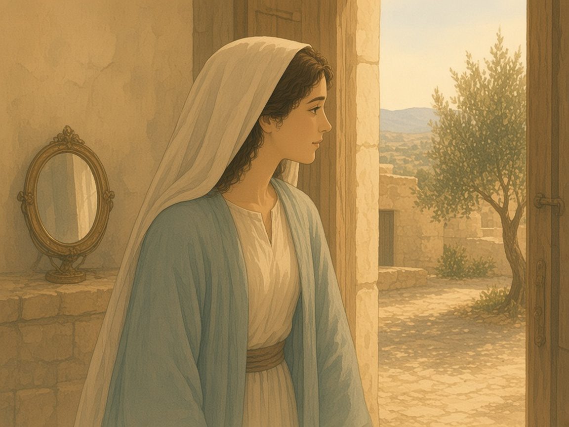 A woman stands in a sunlit doorway, a bronze mirror set aside on a ledge behind her.