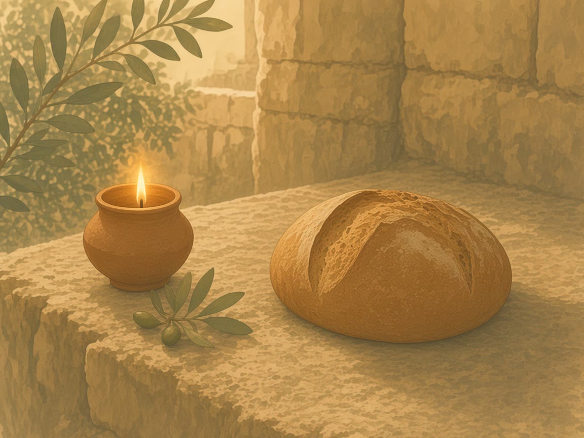A lit clay lamp, a round loaf, and an olive sprig rest on a courtyard wall.