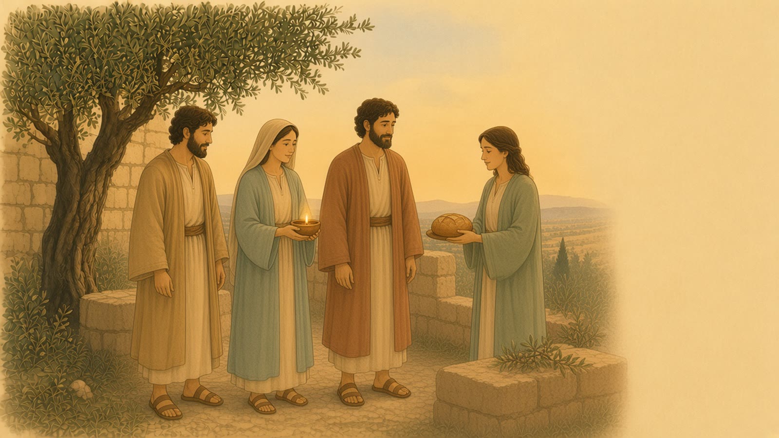 Three people remain together in a courtyard, one with a lamp, one looking to the hills, one offering bread.