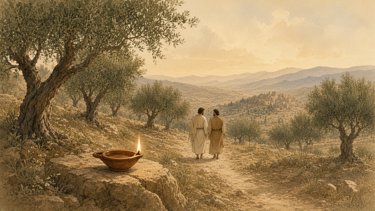 An oil lamp burns on a sandstone ledge while three people walk a path through olive trees.