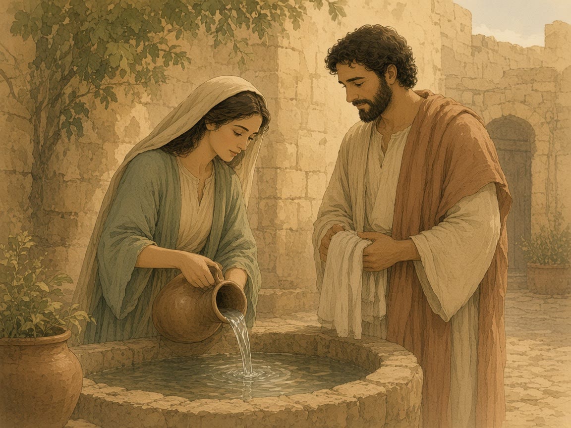 A woman pours water into a basin while a man holds a linen towel in a courtyard.
