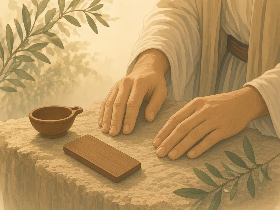 A blank tablet lies face-down beside open hands and a clay cup.