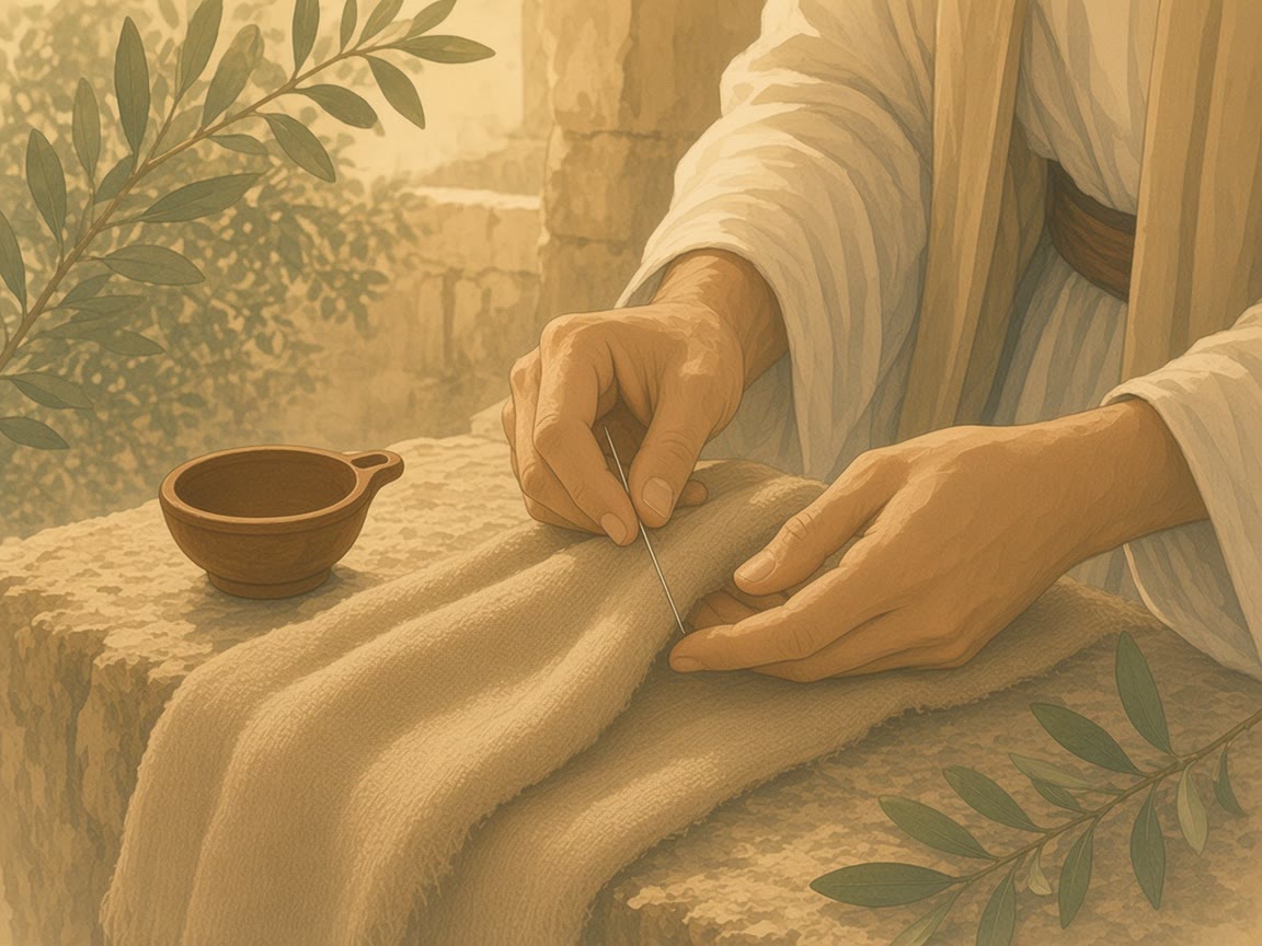 Open hands rest beside a clay cup while a plain cloak lies across a lap.