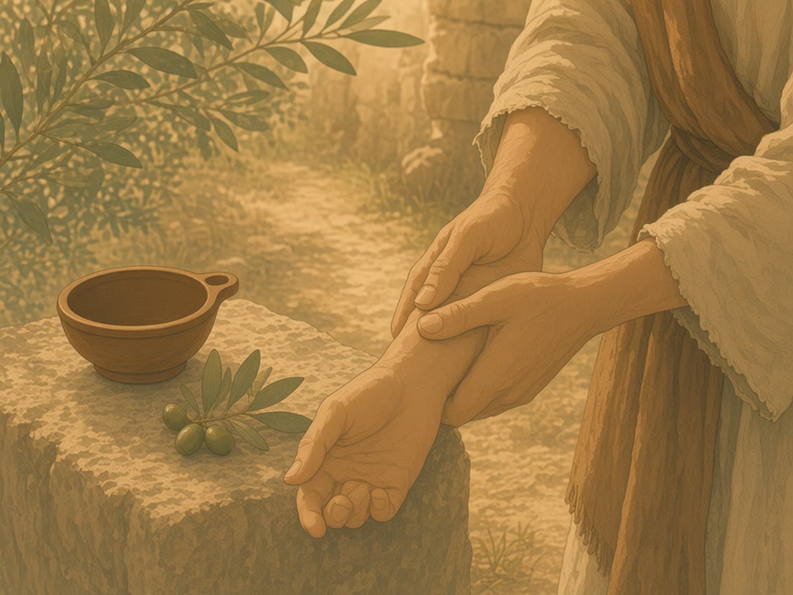 A hand steadies an elbow beside a waterskin and an olive sprig.