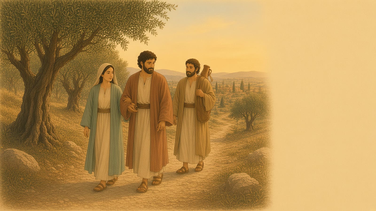 A woman steadies a weary man on an olive-lined path while another man carries a waterskin.