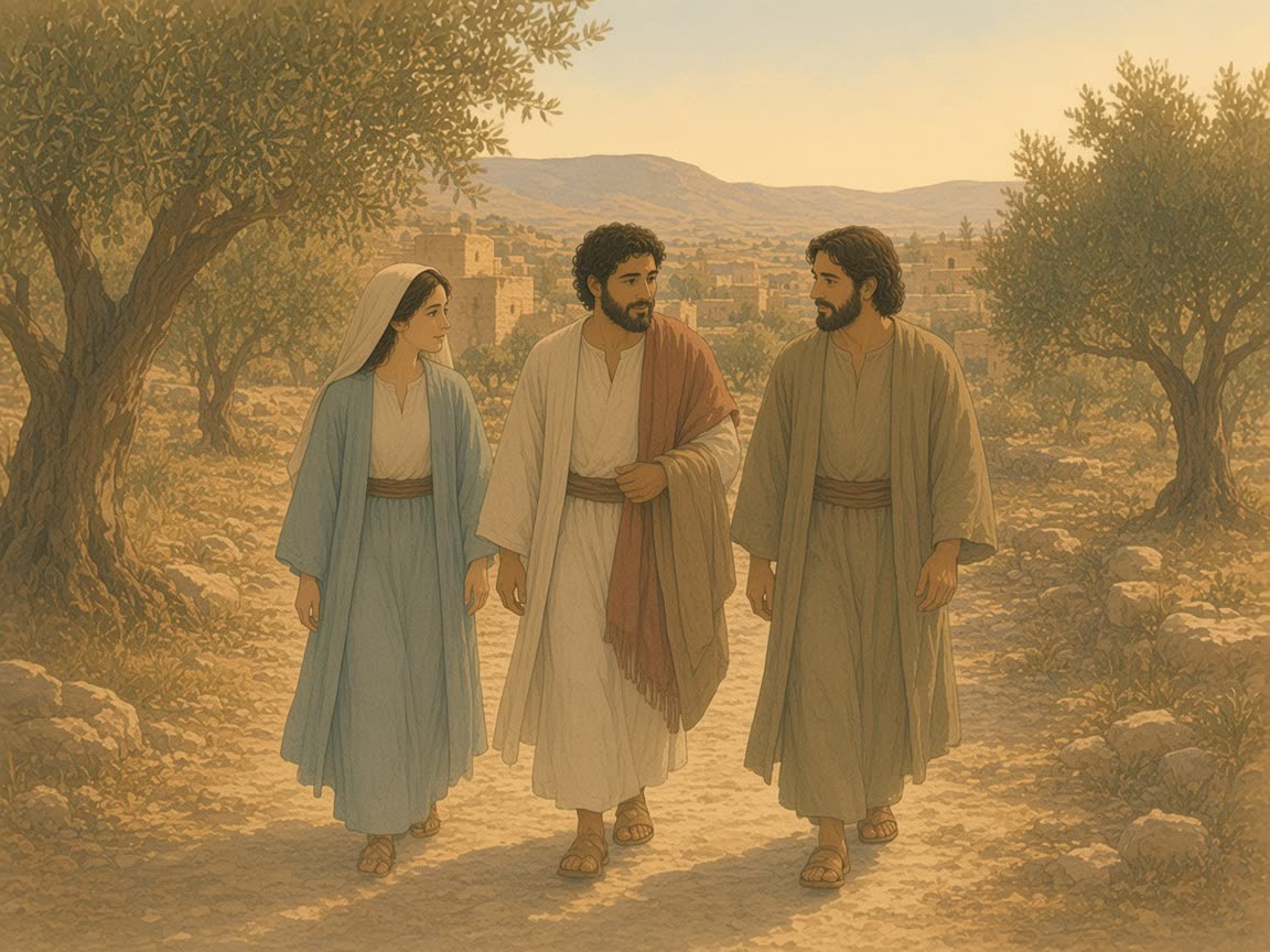 Three people walk an olive-lined path toward a village, one carrying a wool cloak.