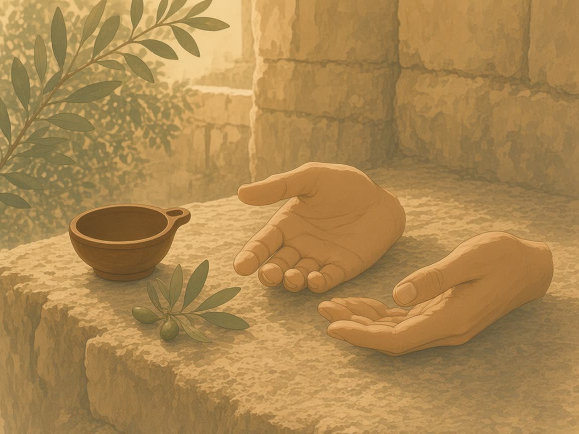 A clay cup and an olive sprig sit on a courtyard wall beside open hands.