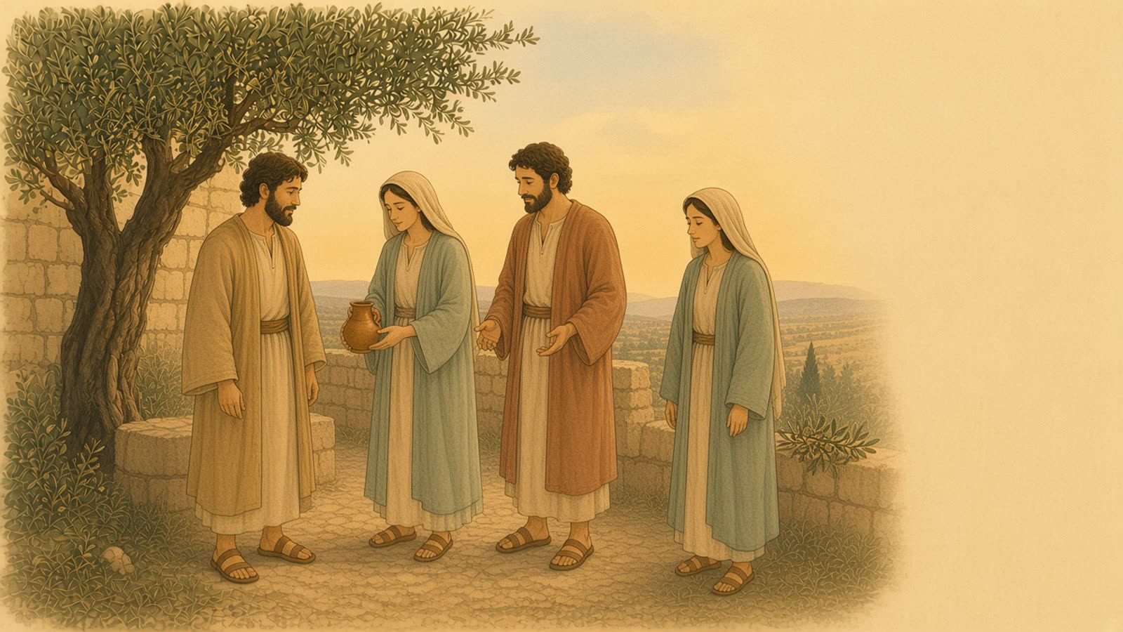 Three people remain together in a courtyard beside a clay cup and an olive branch.