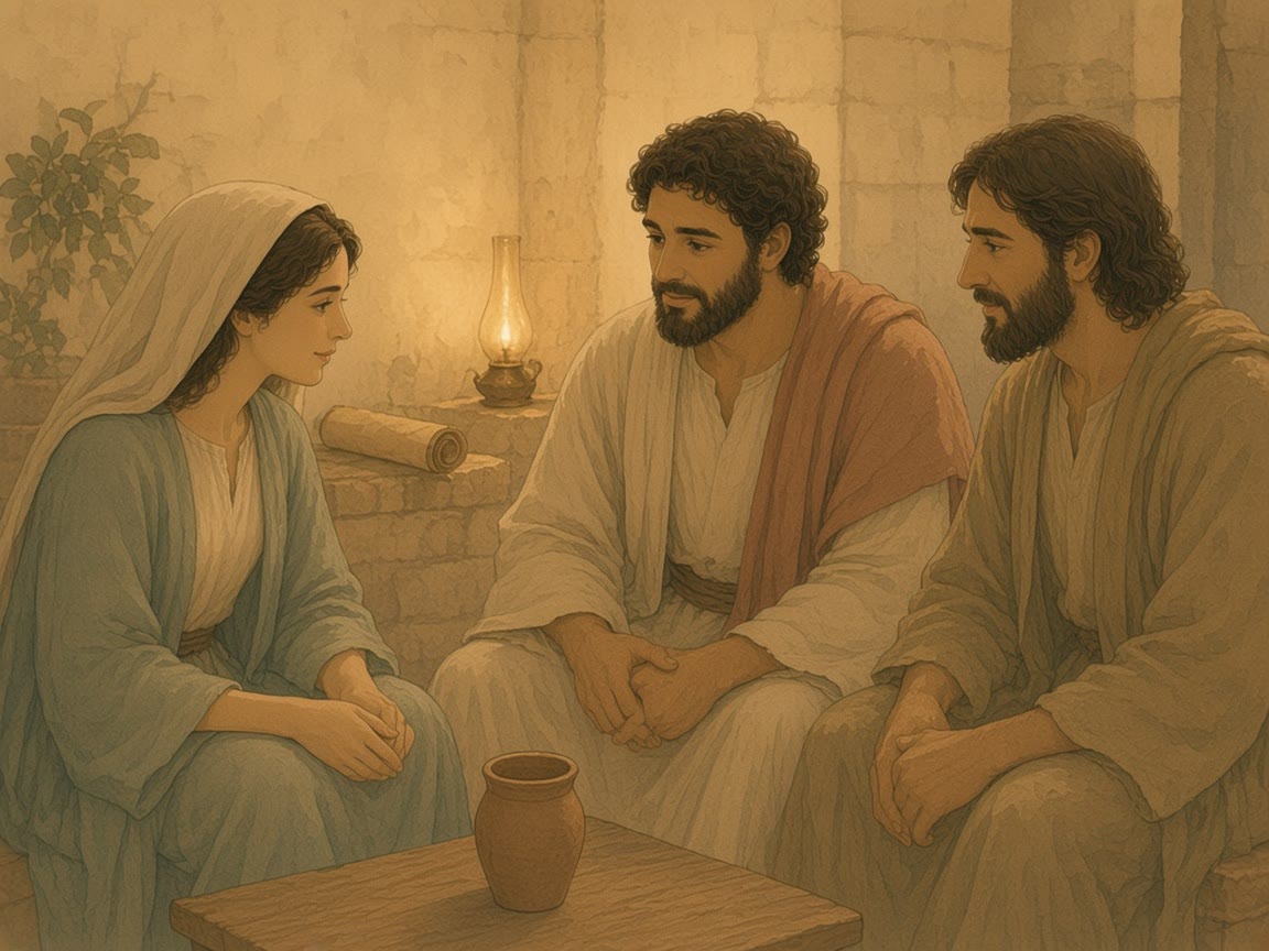 Three people sit talking in a lamplit room, a rolled scroll set aside on a ledge.
