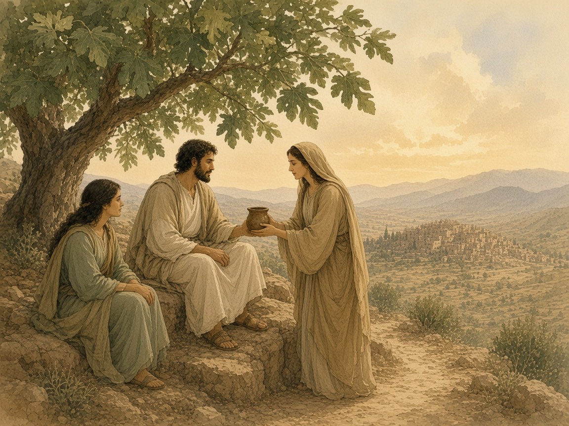A woman offers a cup to a seated man while another woman listens beneath a fig tree.