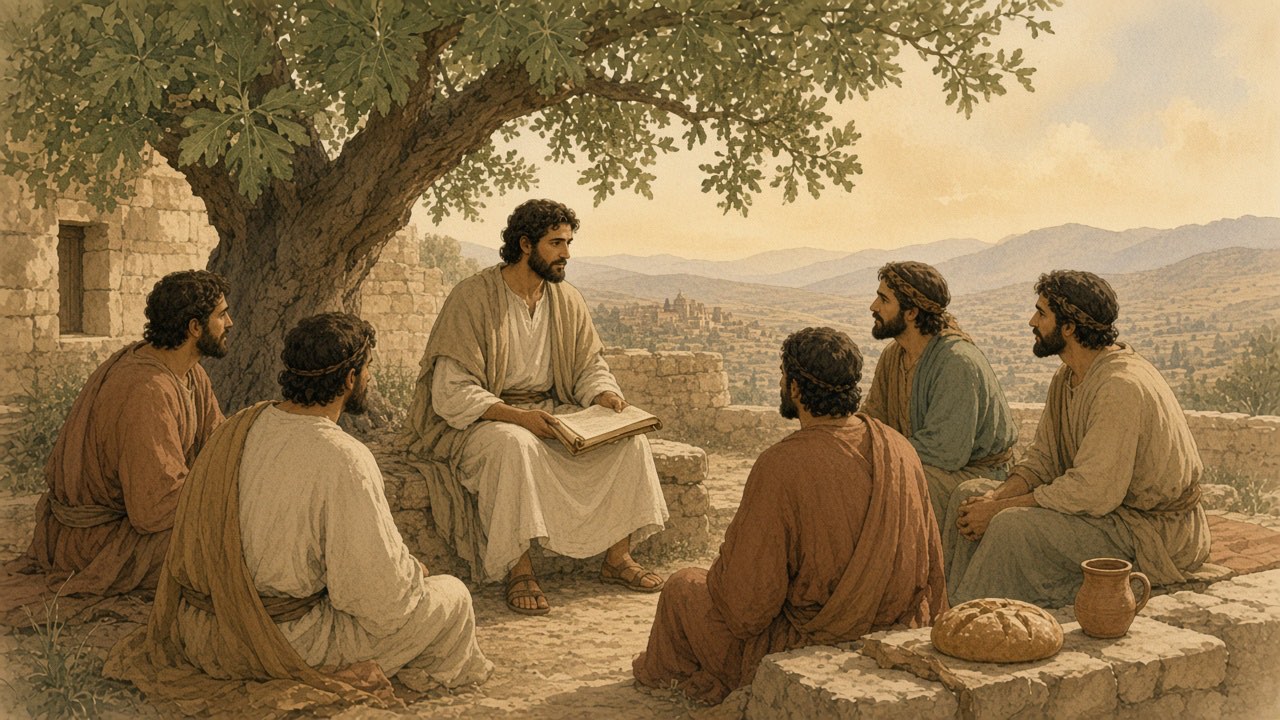 A teacher with an open scroll sits with a small group under a fig tree in a sunlit courtyard.