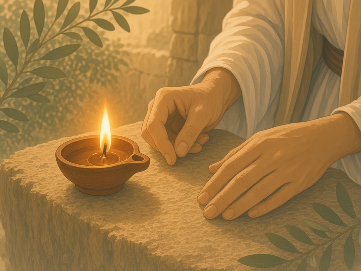 A lit clay lamp sits on a sandstone ledge beside open hands.