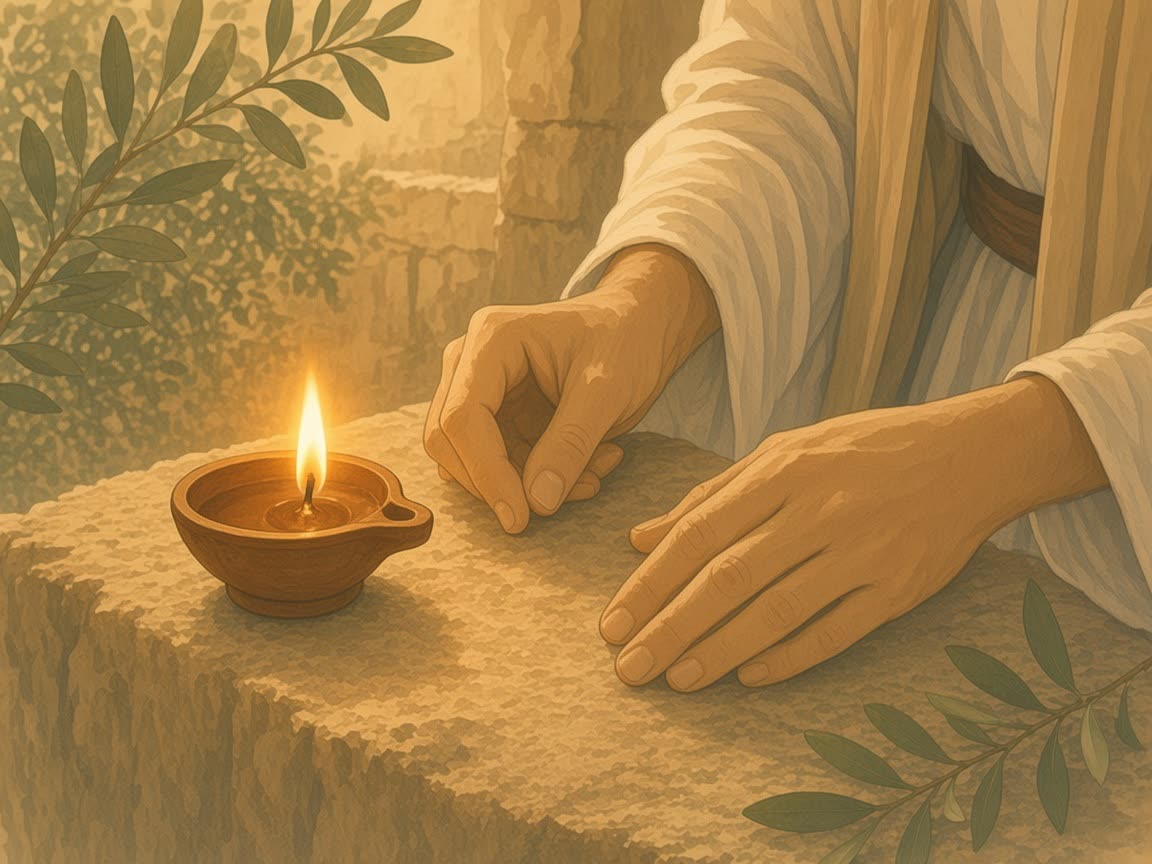 A lit clay lamp sits on a stone ledge beside open hands.