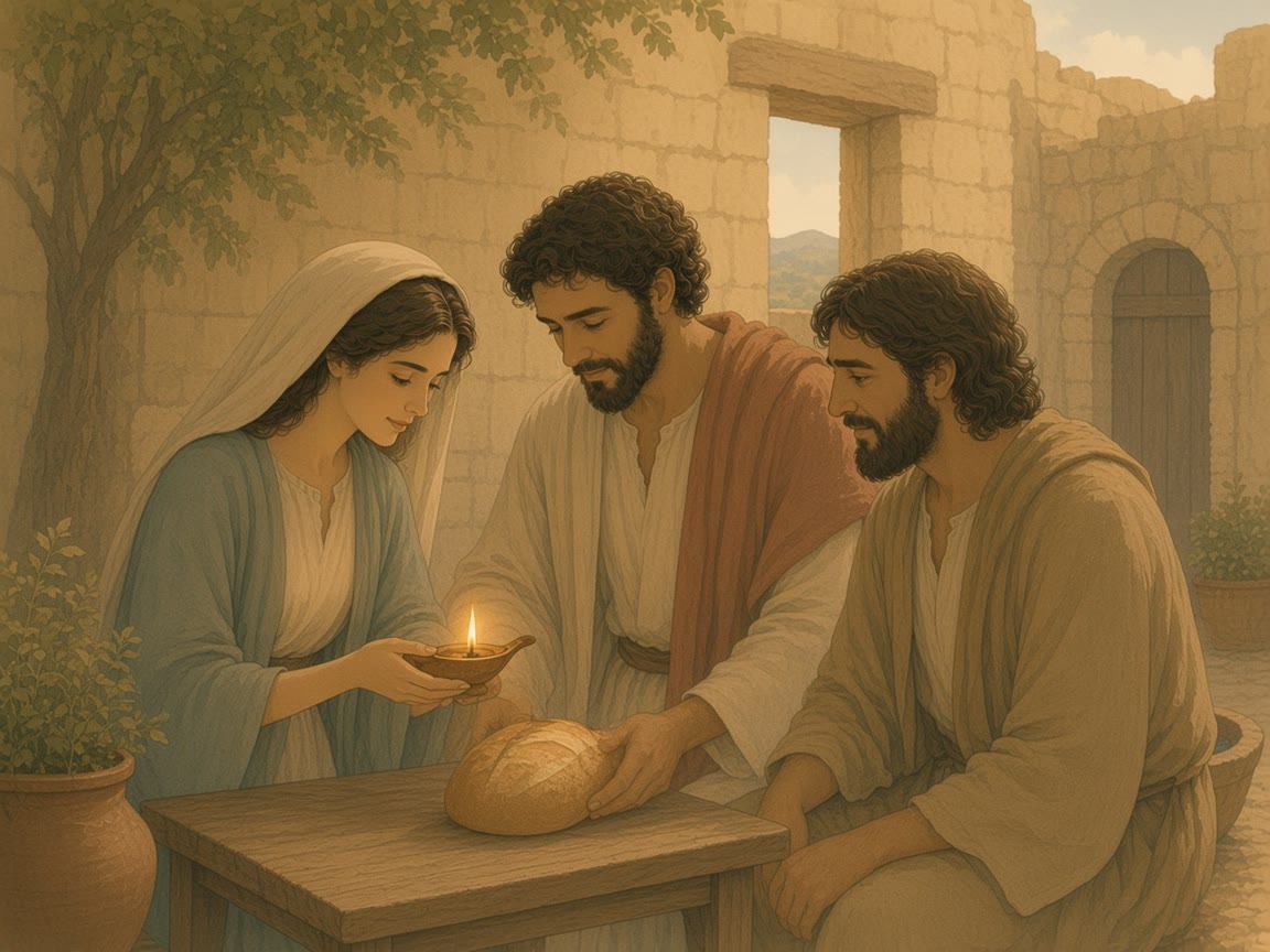 A woman holds a small lamp while two people sit with bread in a stone room near an open doorway.
