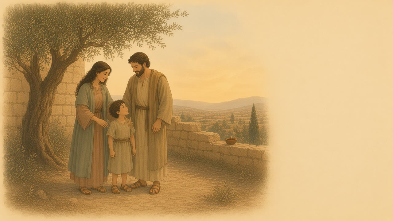 A woman and a man stand with a child under an olive tree in a sunlit sandstone courtyard.