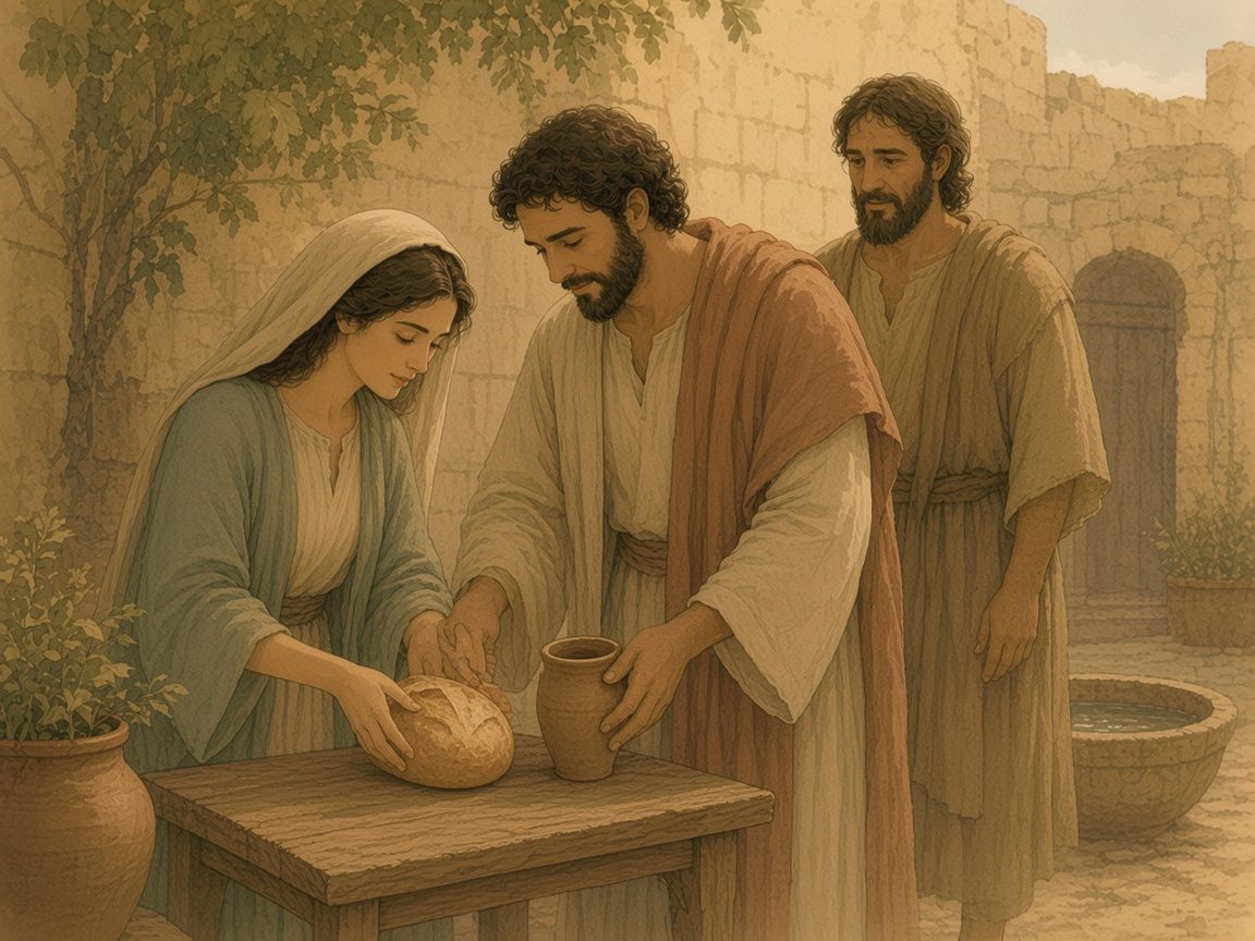 A man and a woman set bread and a cup for a guest, with a water basin by the door.