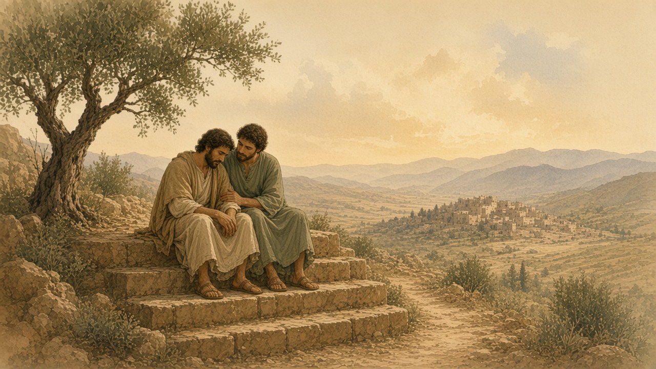 Two people sit on stone steps, one resting a hand on the weary person's arm.