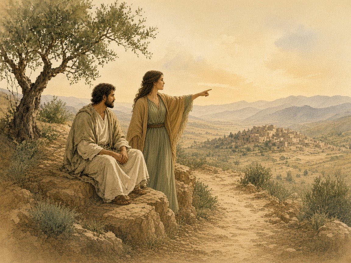 A woman points a resting man toward a town on the next hill.