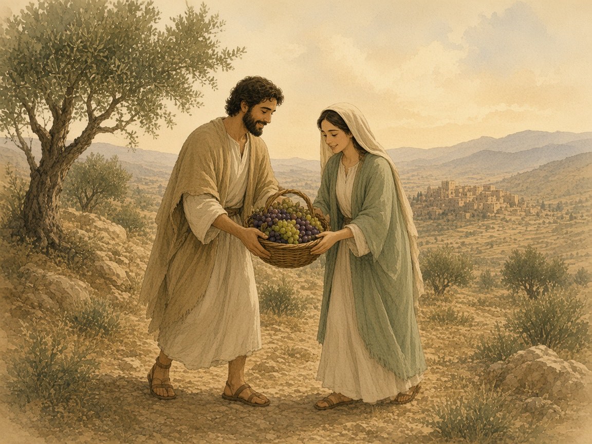 A man and a woman lift a basket of grapes in a field.