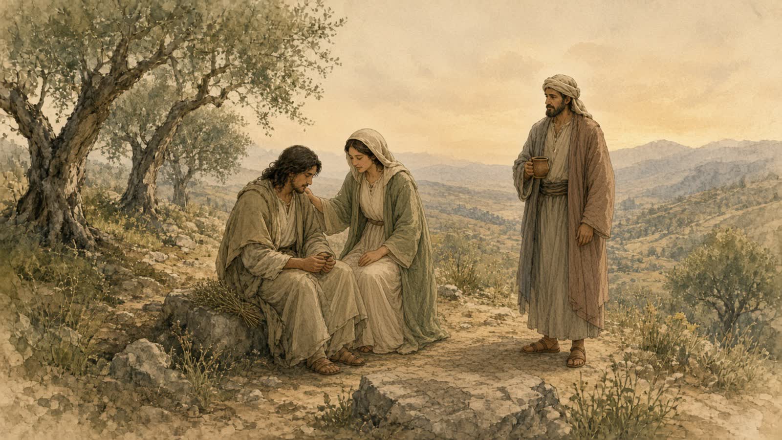 A woman sits beside a grieving person on a hillside while a man holds a clay lamp nearby.