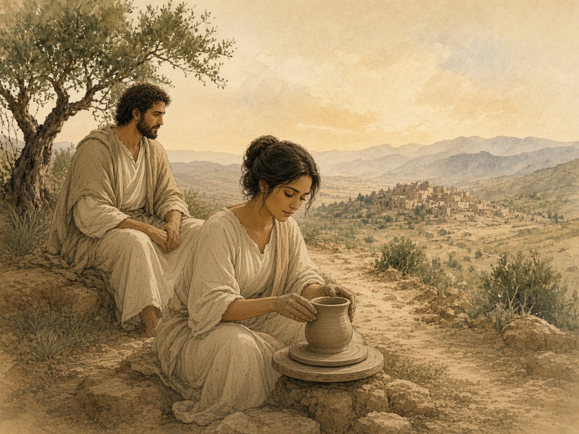 A woman shapes a cup on a pottery wheel while a man waits nearby.