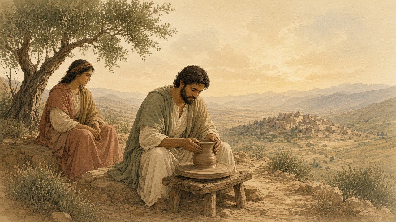 Steady hands shape an unfinished cup on a slow pottery wheel while someone waits nearby.
