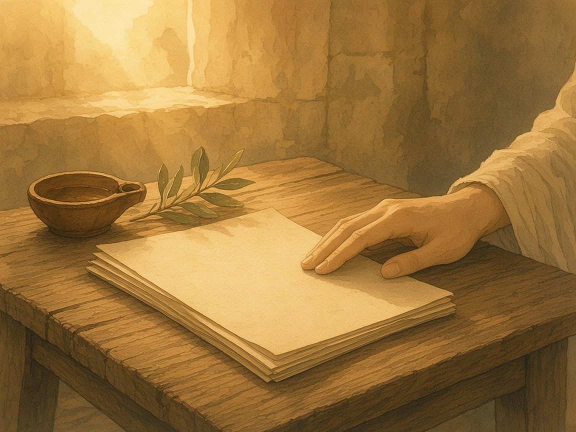 A stack of plain pages, an olive sprig, and a clay lamp sit on a low table in morning light.