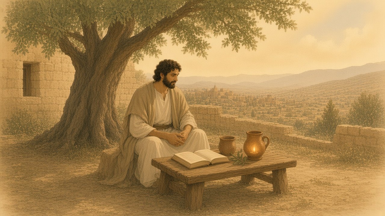 A person sits alone at a low table at dawn with a stack of plain pages, a clay cup, and an olive sprig.