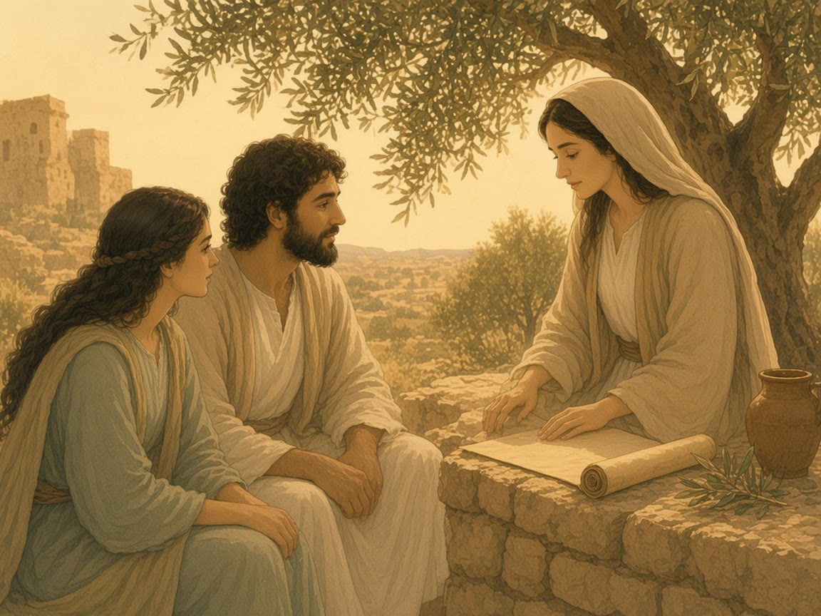 An open scroll lies between a teacher and two listeners, with a clay lamp and an olive sprig nearby.