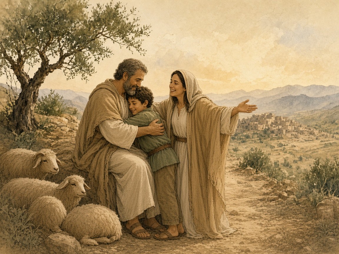 A father embraces his son while the mother stands beside them on a hillside.