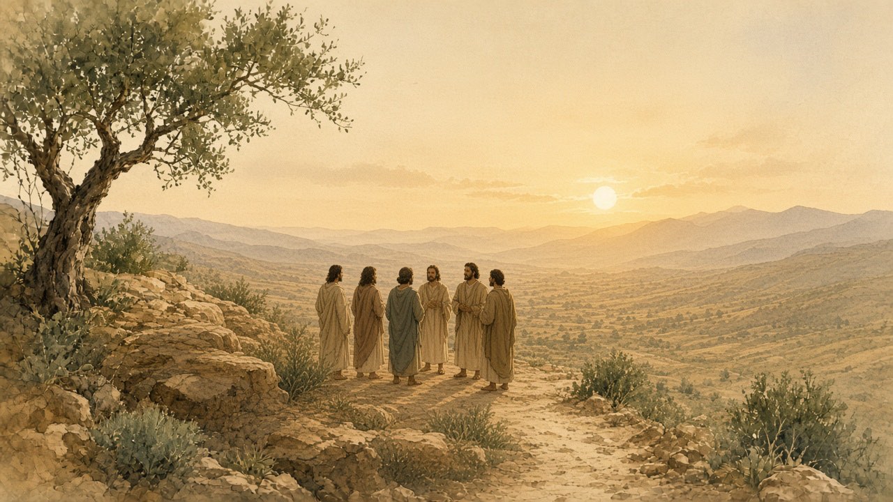 A small group stands quietly on a hillside at sunrise.