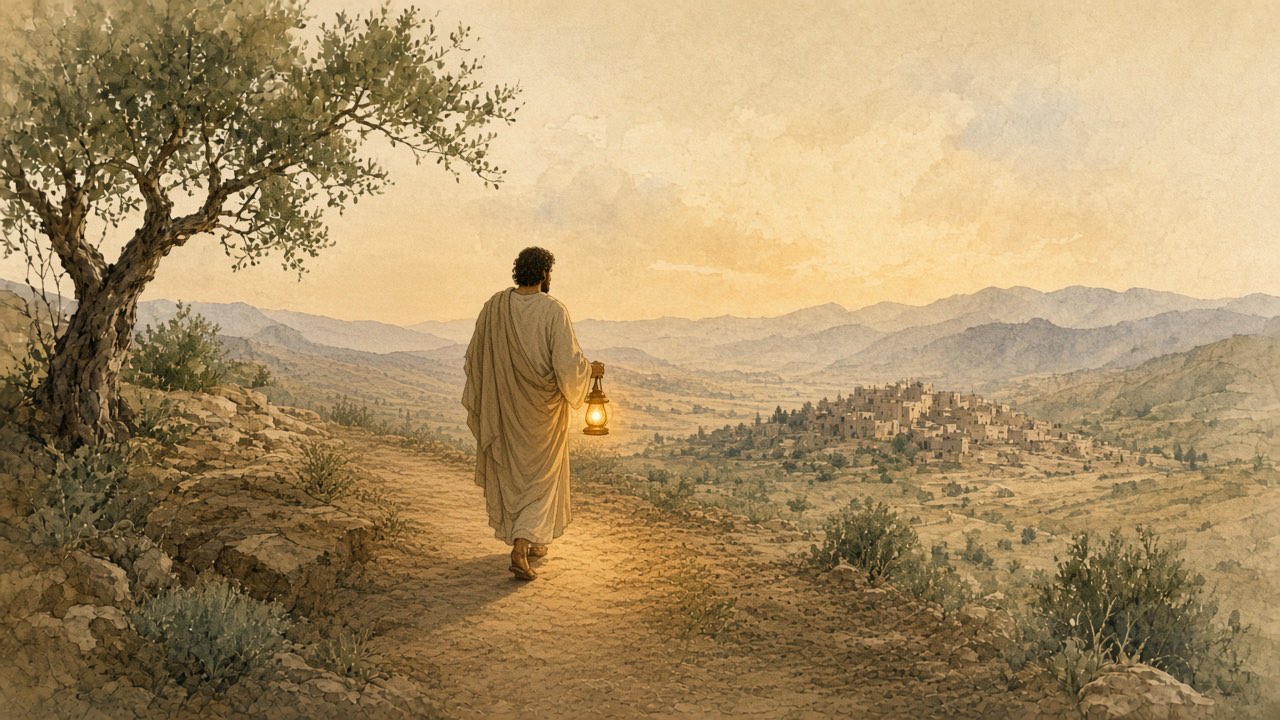 A person walks a dusk road with a steady lamp, keeping to the path.