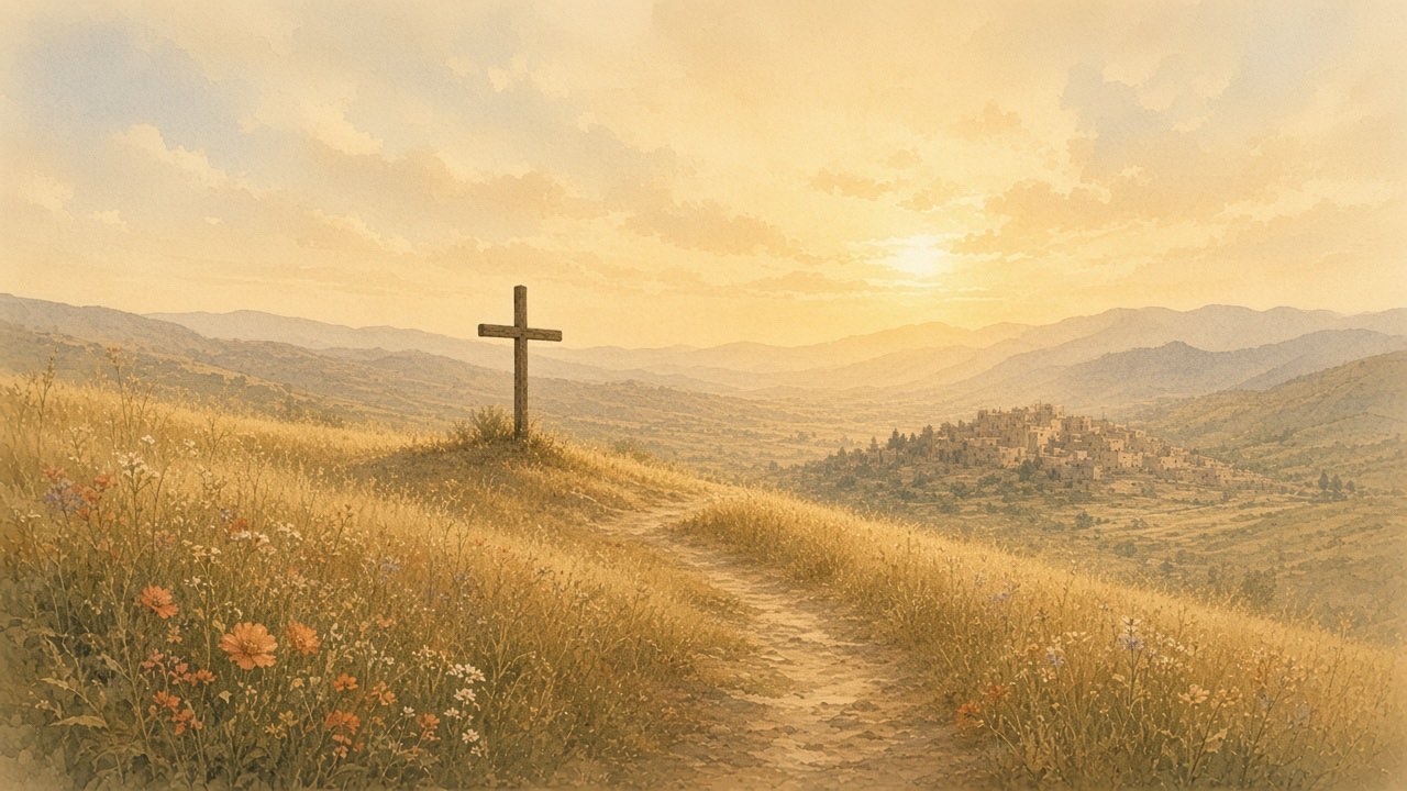 A simple wooden cross stands far off on a quiet hill at dawn, with wildflowers in the foreground.