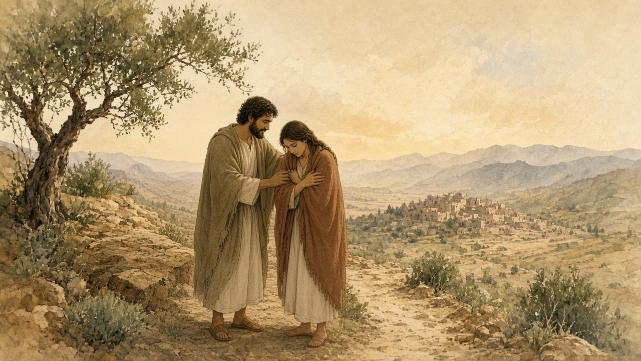 A person gives their cloak to someone on the road and remains in a simple tunic.