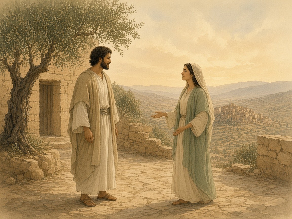 A woman approaches a man across a courtyard with open hands.