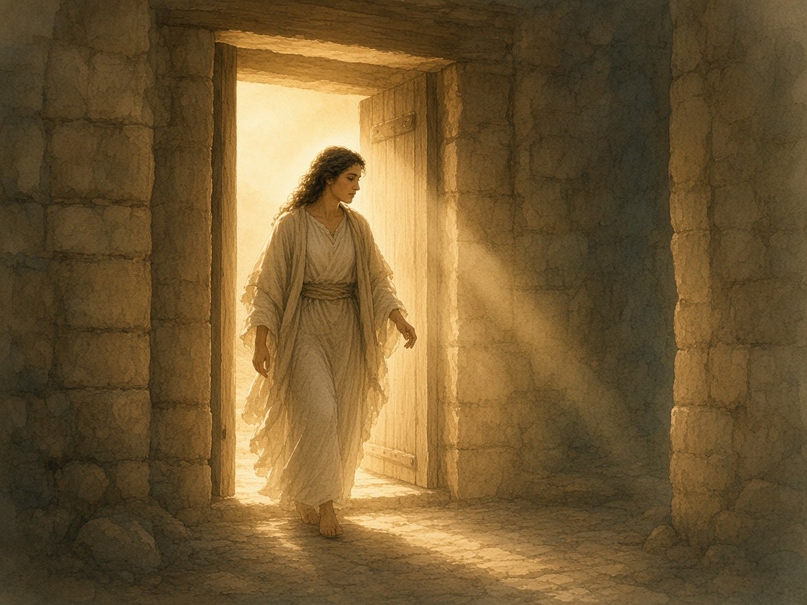 A woman steps from a dim lane into a warmly lit doorway.