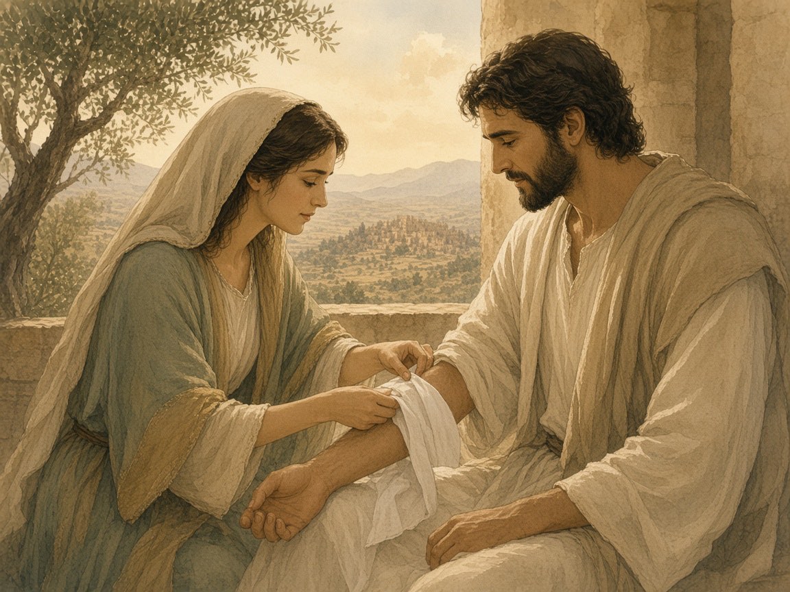 A woman wraps a cloth around a seated man's forearm.