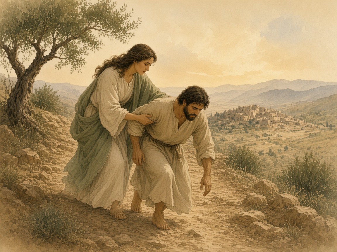 A woman helps a man back to his feet on a rocky path.