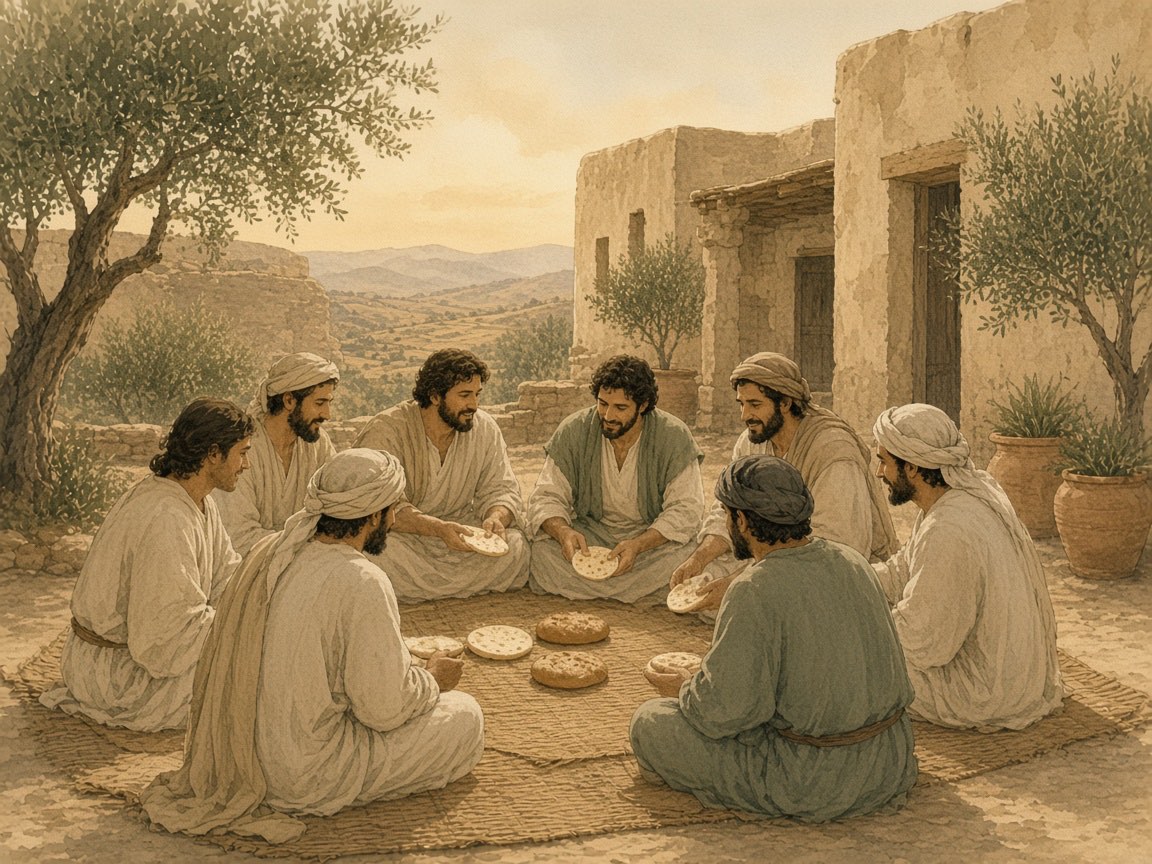 Men and women share bread together in a house courtyard.