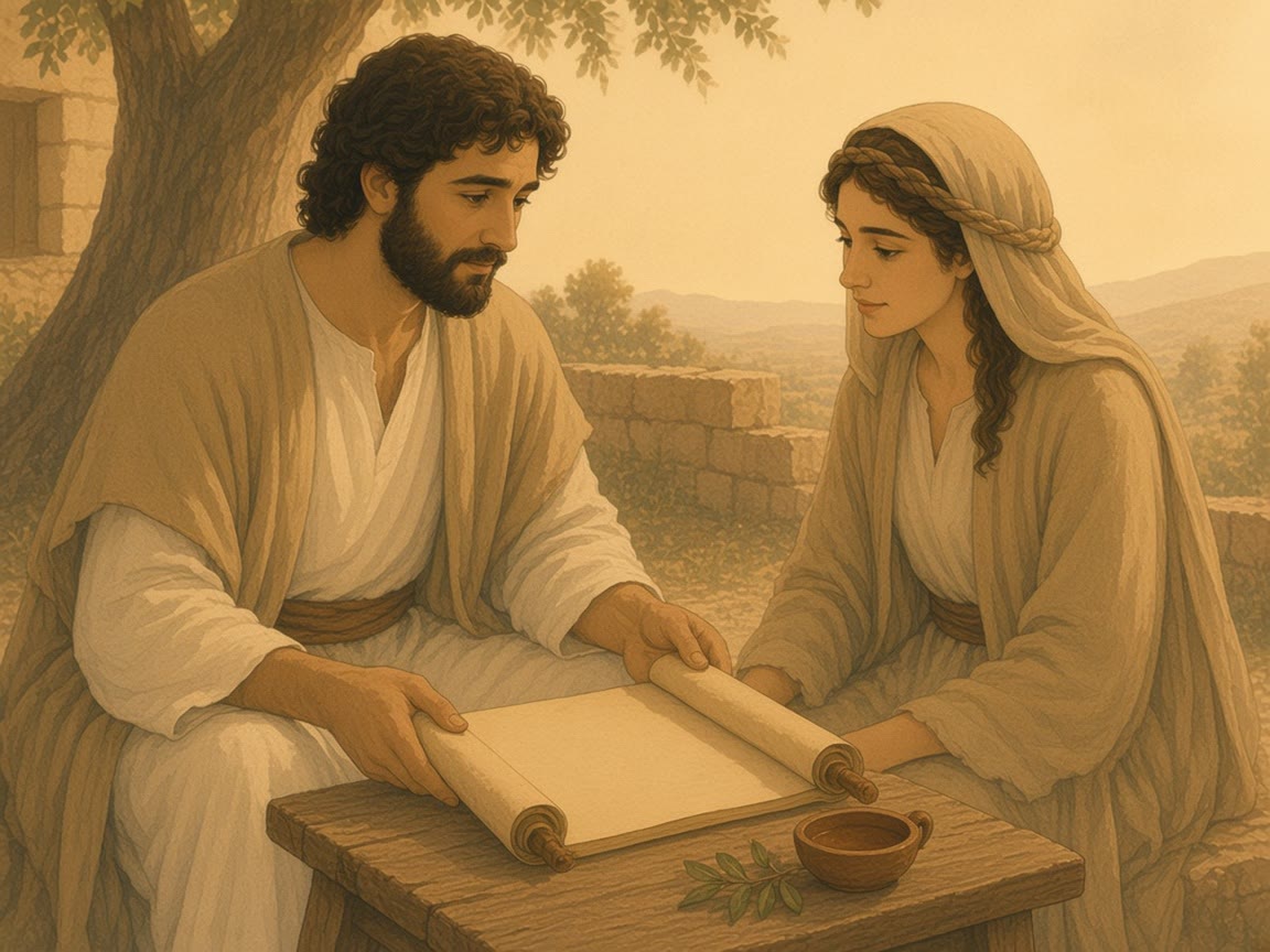 A man and a woman look at a blank scroll together, with a clay lamp and an olive sprig nearby.