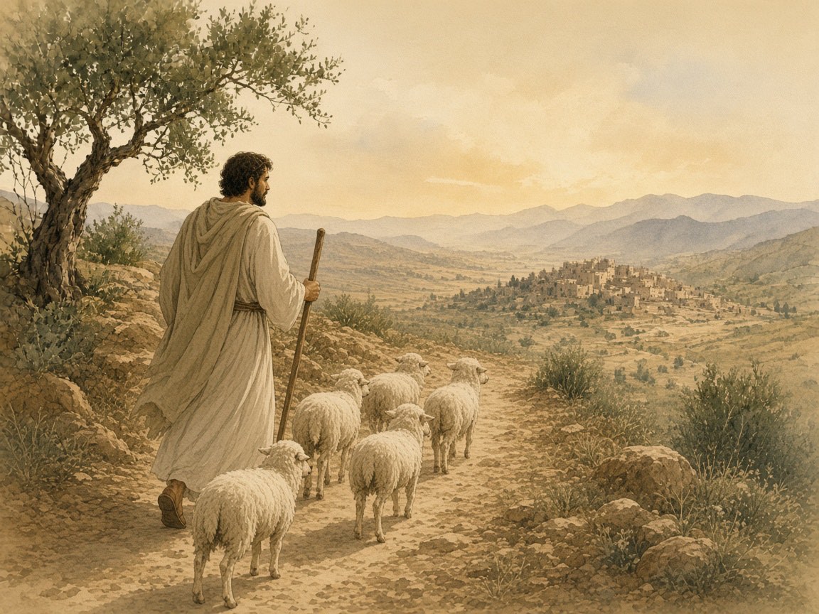 A shepherd looks back toward the last sheep in a small flock.