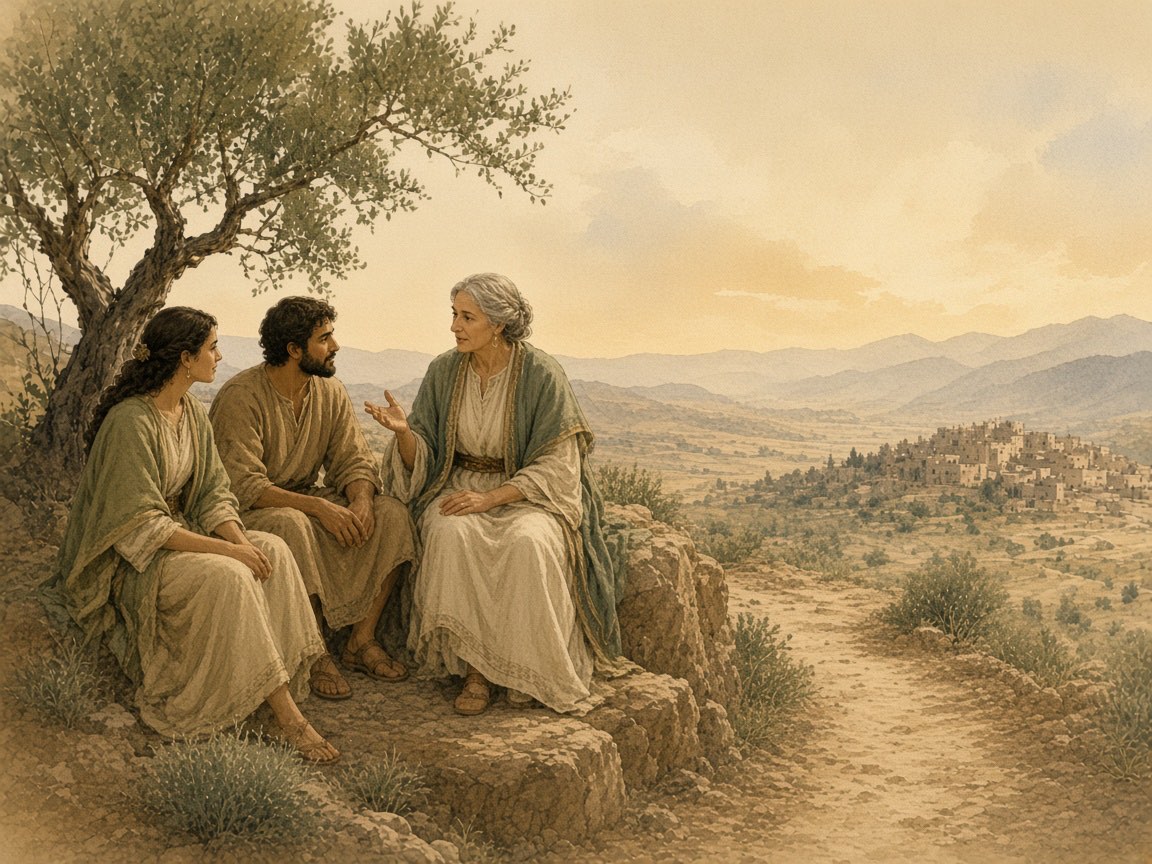 An older woman teaches a young man and a young woman in the shade.