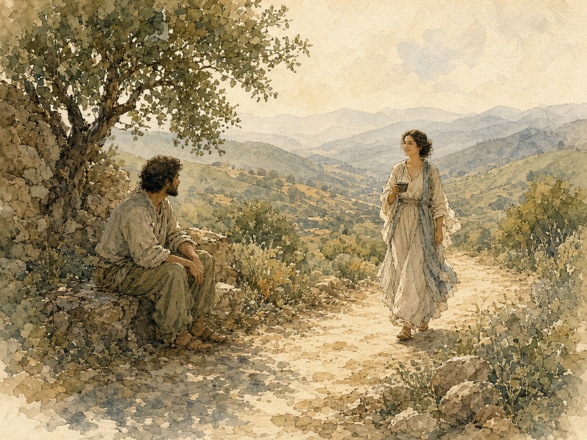A woman approaches with a cup toward a man sitting in the shade.