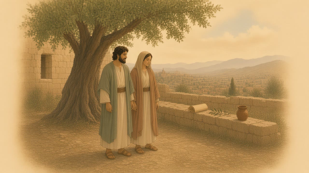 A man and a woman stand beside an open scroll on a stone wall under an olive tree.